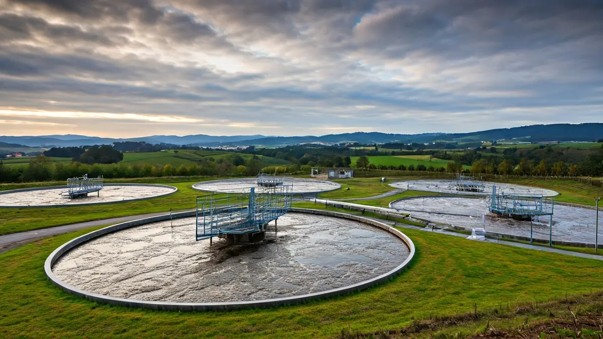 Imagen de una planta de depuración de aguas residuales en un entorno rural gallego.