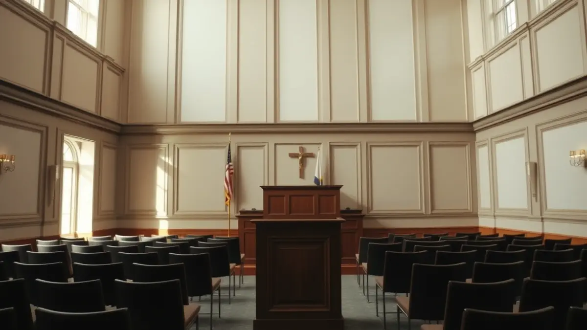 Imagen de una sala de reuniones vacía en un ayuntamiento, con luz natural.