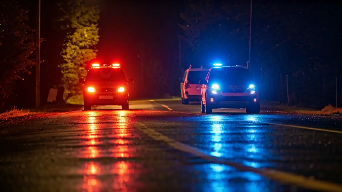 Imaxe xenérica de luces de emerxencia reflectíndose sobre asfalto mollado nunha contorna rural galega.