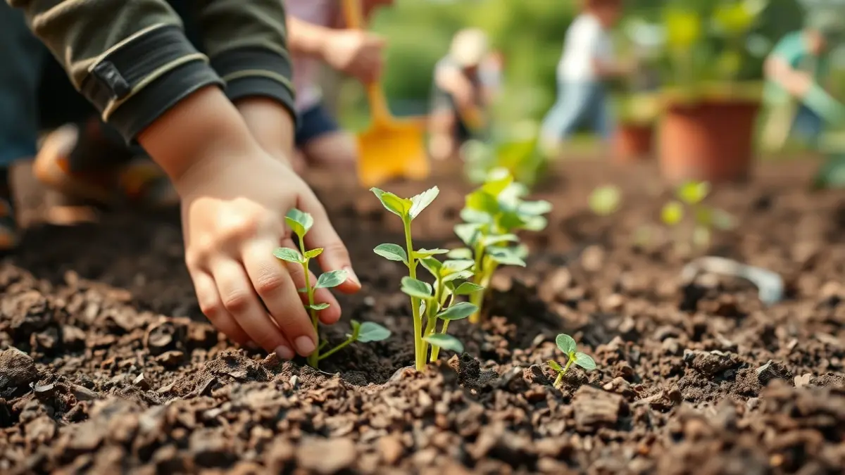 Imaxe xenérica de mans de nenos plantando nunha horta escolar.