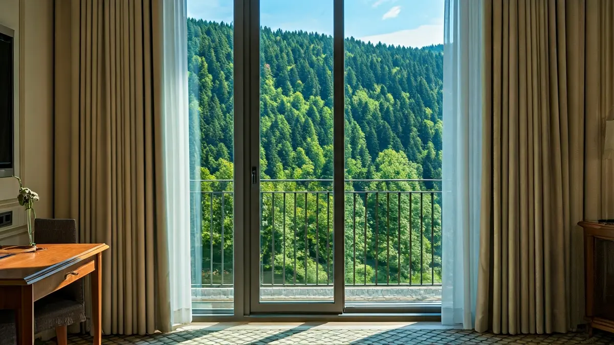 Imaxe dunha habitación de hotel de luxo con vistas a un bosque frondoso, transmitindo tranquilidade.