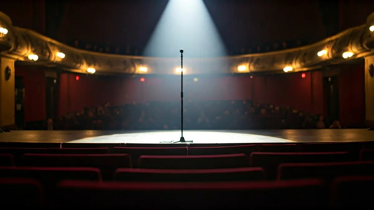 Imaxe xenérica dun escenario de teatro cun micrófono e asentos baleiros.