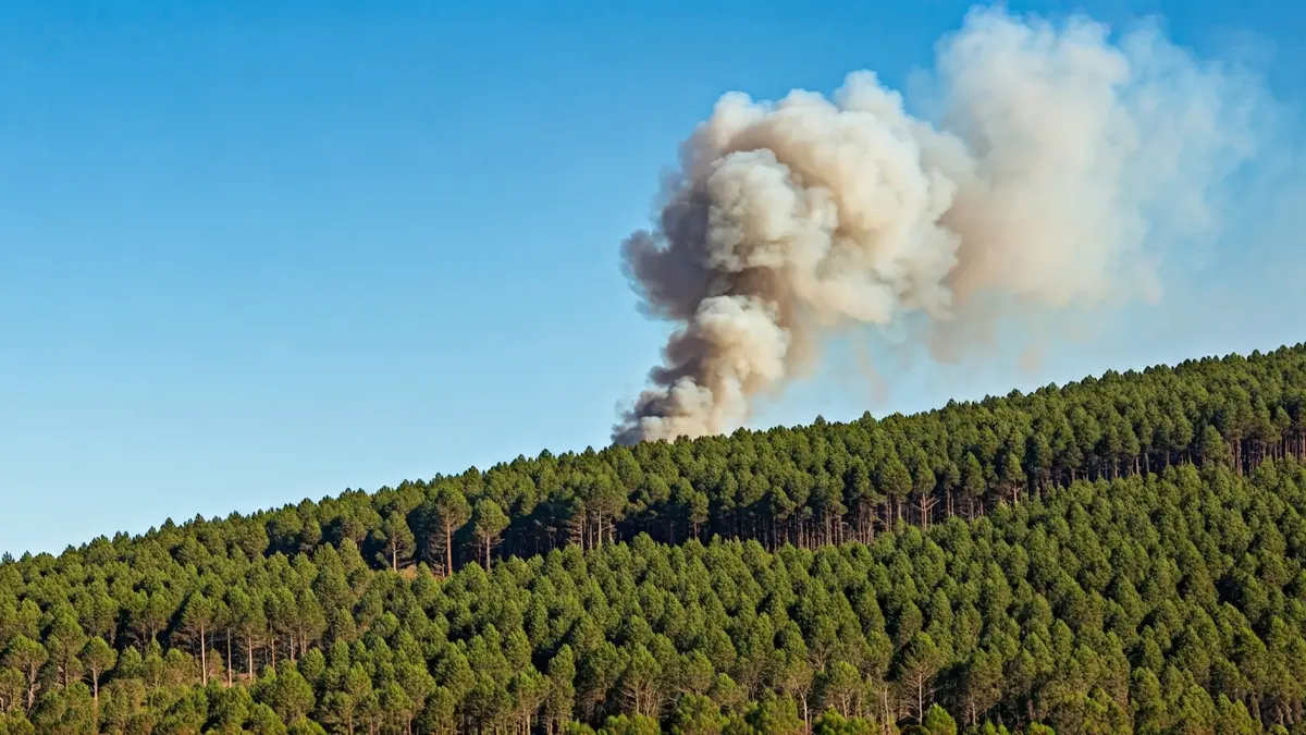 Imaxe xenérica dunha columna de fume sobre un bosque, representando un conato de incendio.