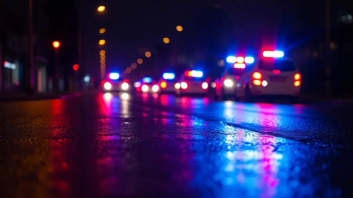 Imagen genérica de luces de emergencia reflejándose sobre asfalto mojado.