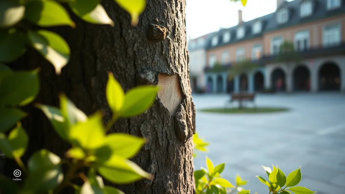 Imagen de un tronco de árbol cortado intencionadamente en una plaza.
