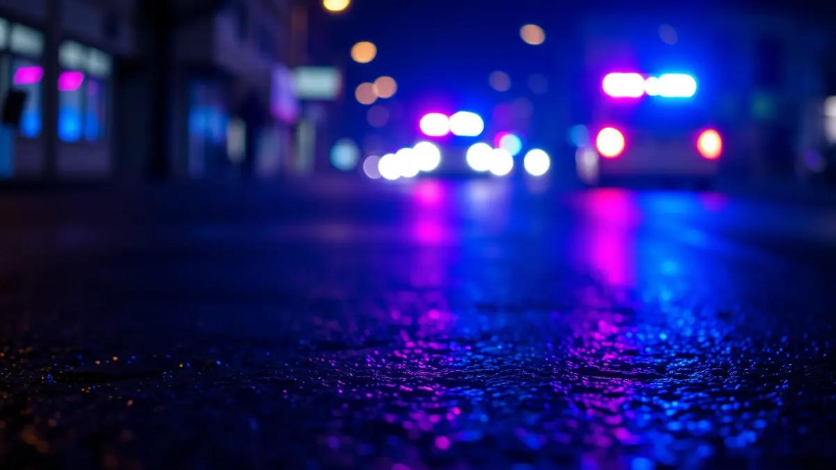Imaxe xenérica de luces de emerxencia reflectíndose sobre asfalto mollado pola noite.