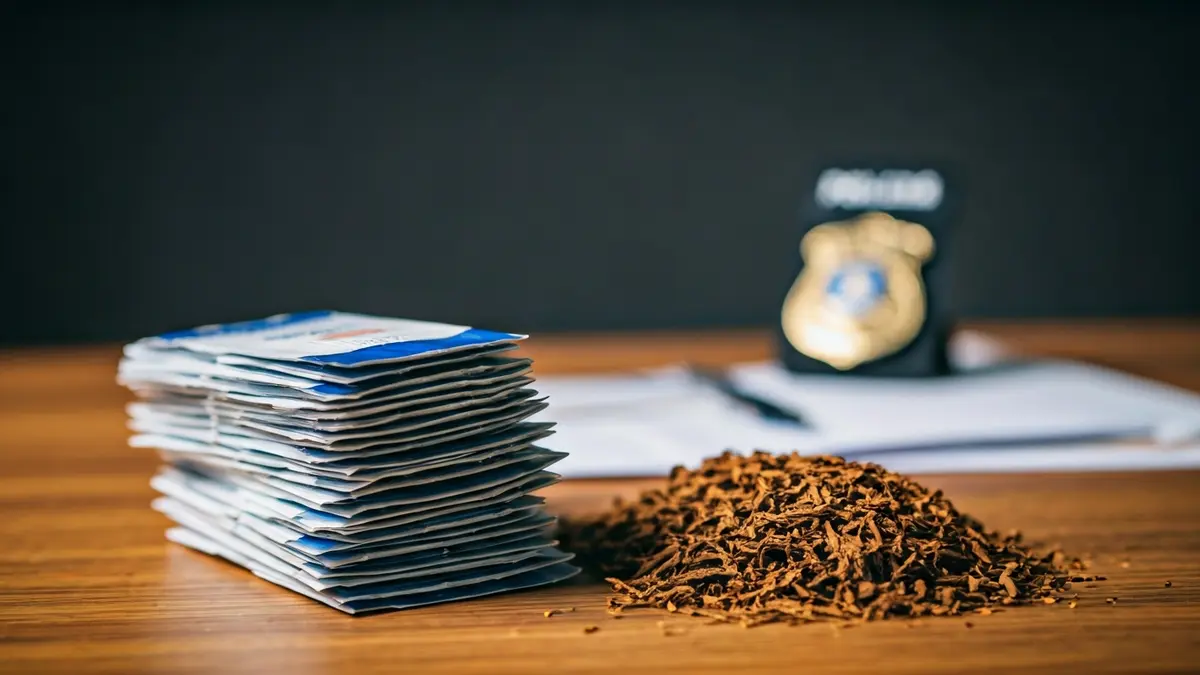 Imaxe de tabaco de picadura ilícito e paquetes de tabaco falsificado incautados.