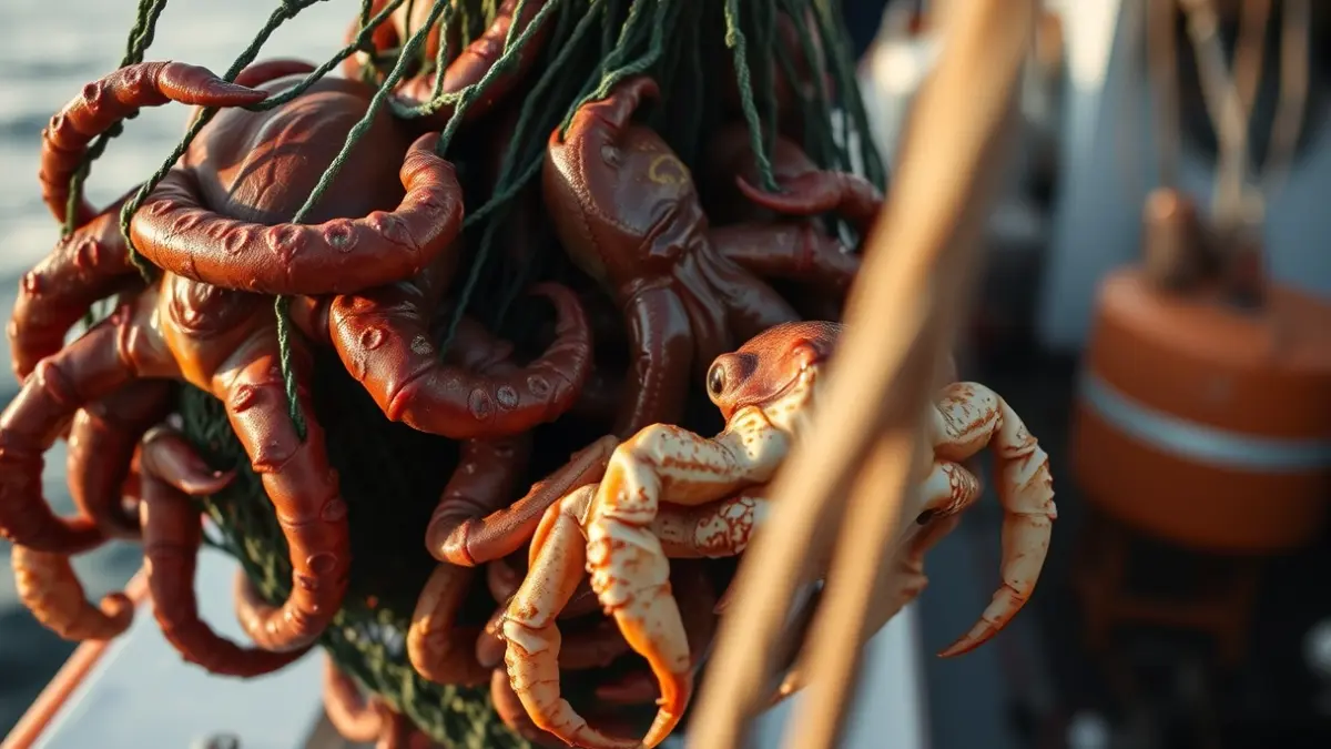 Imagen de una red de pesca con pulpos y centollos incautados.