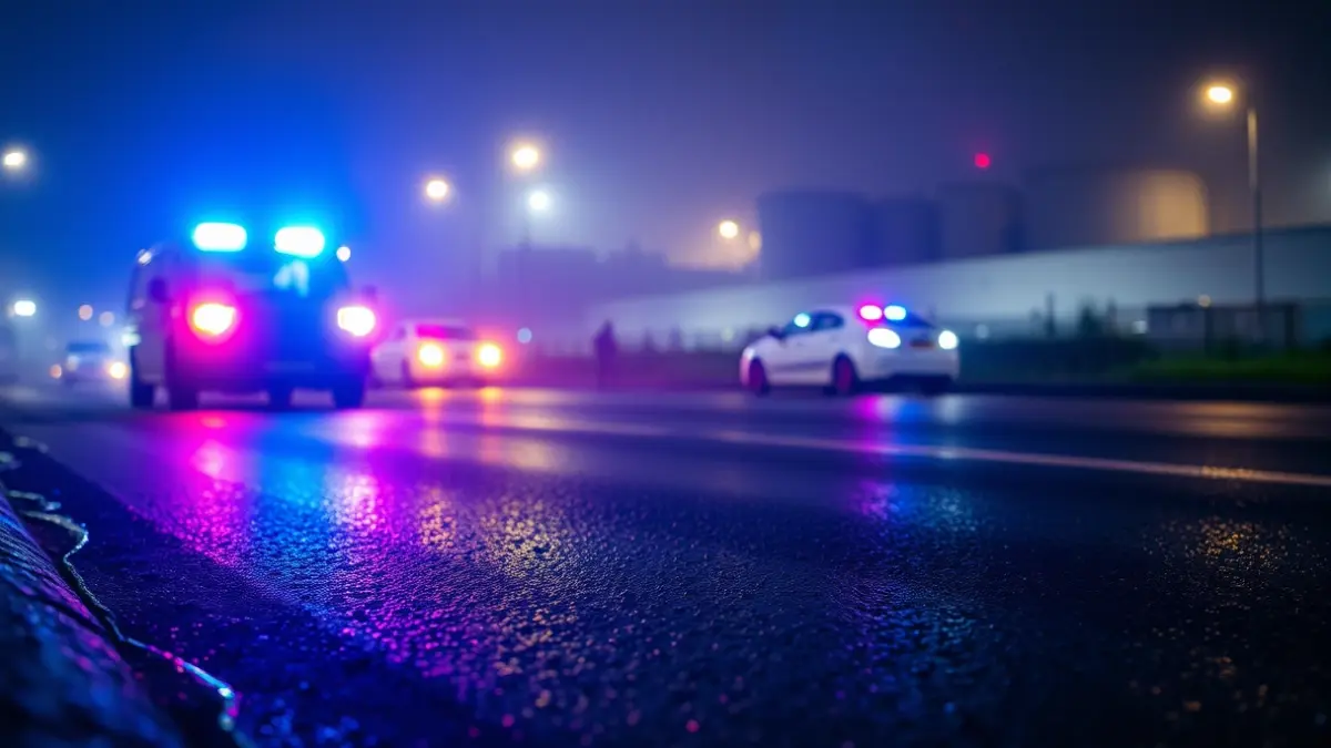 Imagen genérica de luces de emergencia reflejándose sobre asfalto mojado en una zona industrial.