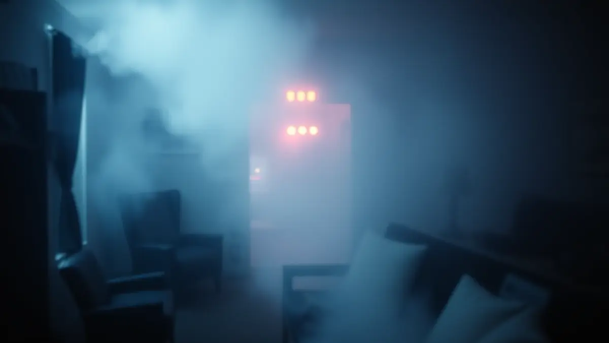 Imaxe dunha estancia chea de fume denso tras un incendio.