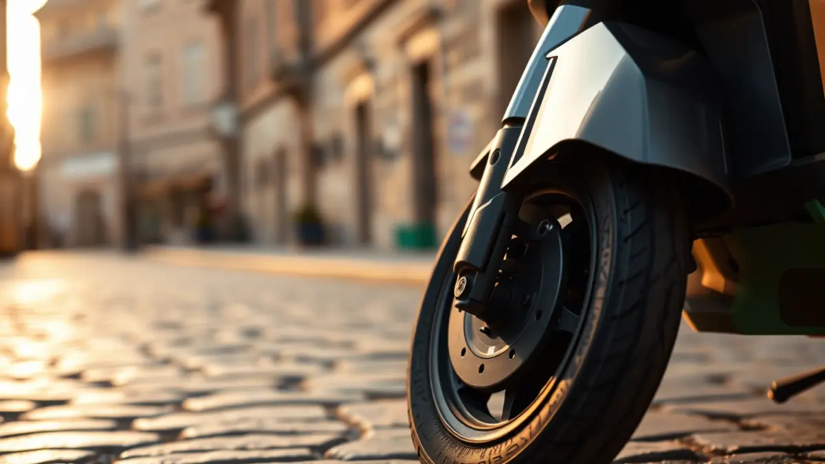 Imagen genérica de un patinete eléctrico aparcado en una calle de piedra.