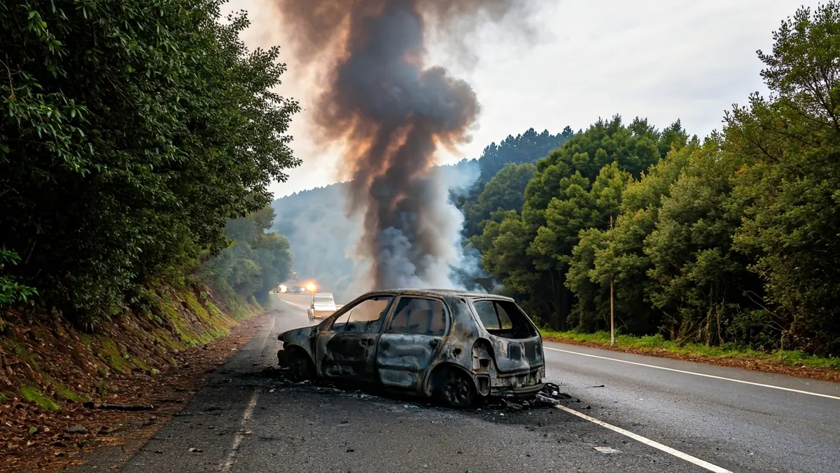 Imaxe dun coche incendiado na beira dunha estrada rural.