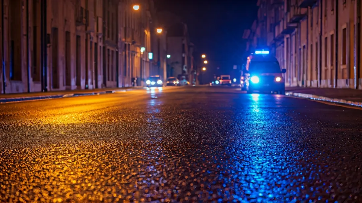 Imaxe xenérica de luces de emerxencia reflectidas no asfalto mollado.