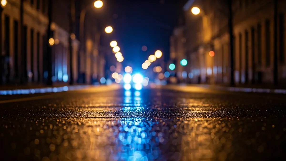 Imaxe xenérica de luces de emerxencia reflectíndose sobre asfalto mollado pola noite.