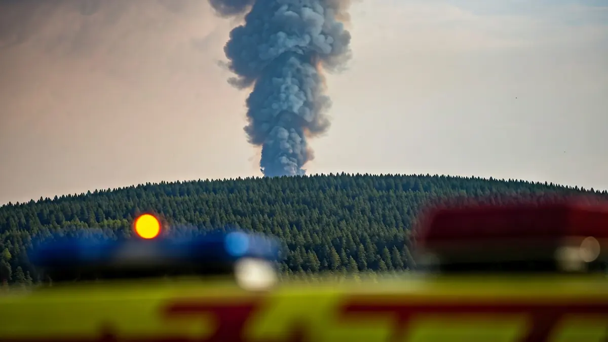 Imaxe dunha columna de fume sobre un bosque, con luces de emerxencia borrosas.