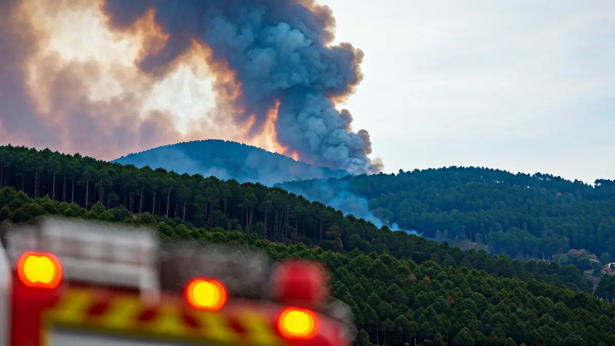 Imaxe xenérica dun incendio forestal con fume sobre un monte.