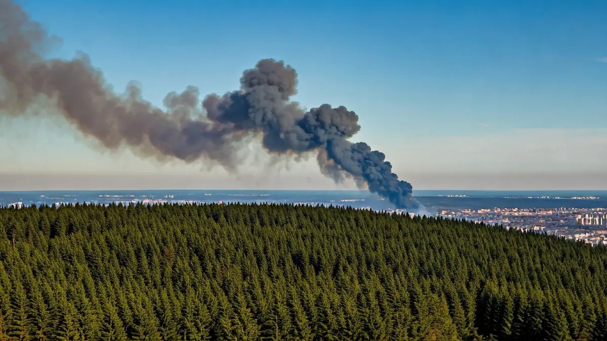 Imaxe dunha columna de fume sobre un monte, con luces da cidade ao fondo.