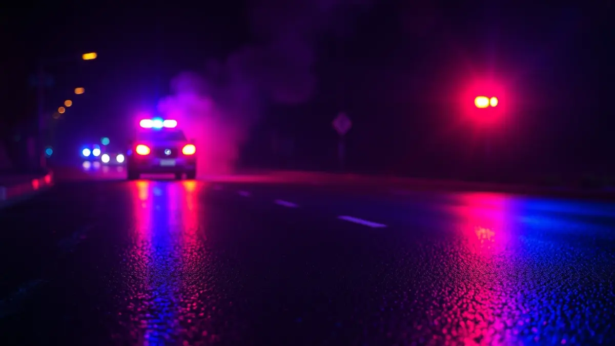 Imagen genérica de luces de emergencia reflejándose sobre asfalto mojado por la noche, con humo al fondo.