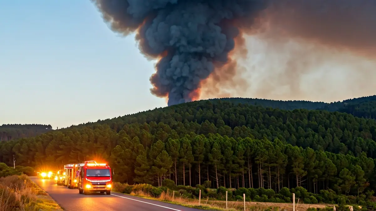 Imagen genérica de una columna de humo sobre un bosque, con luces de emergencia borrosas en primer plano.