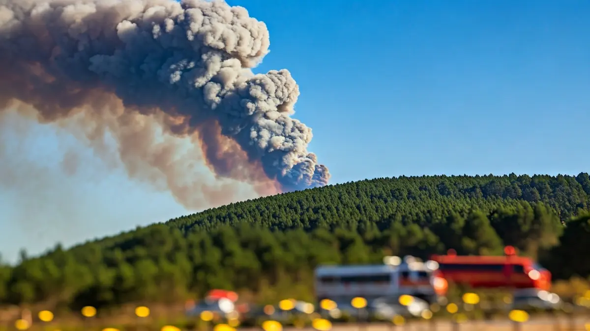 Imagen genérica de una columna de humo sobre un monte gallego, indicando un incendio forestal.