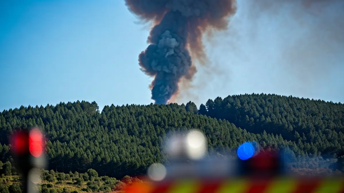 Imaxe xenérica dunha columna de fume sobre un bosque, con luces de emerxencia borrosas.