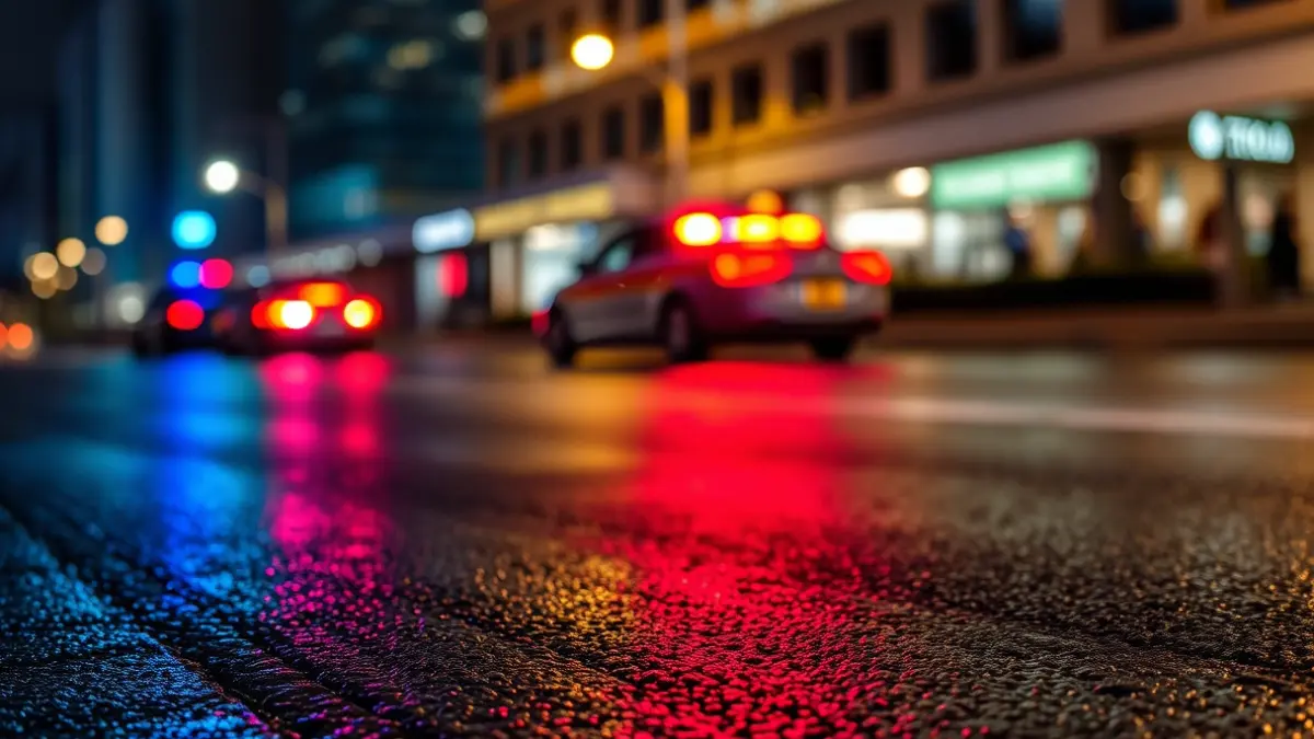 Imaxe xenérica de luces de emerxencia reflectíndose sobre asfalto mollado pola noite.