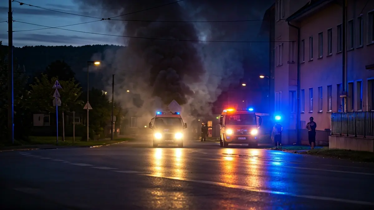 Imagen de una columna de humo negro saliendo de un garaje en una calle de Pontevedra.