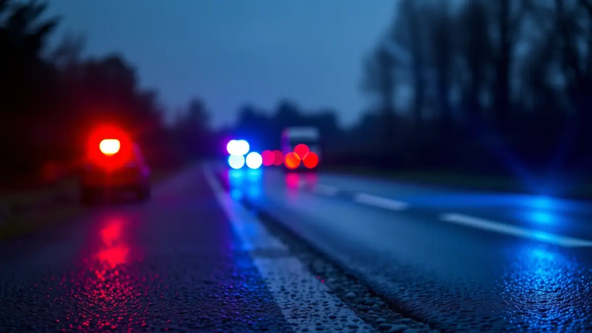 Imaxe xenérica de luces de emerxencia reflectíndose sobre asfalto mollado nunha contorna rural galega.