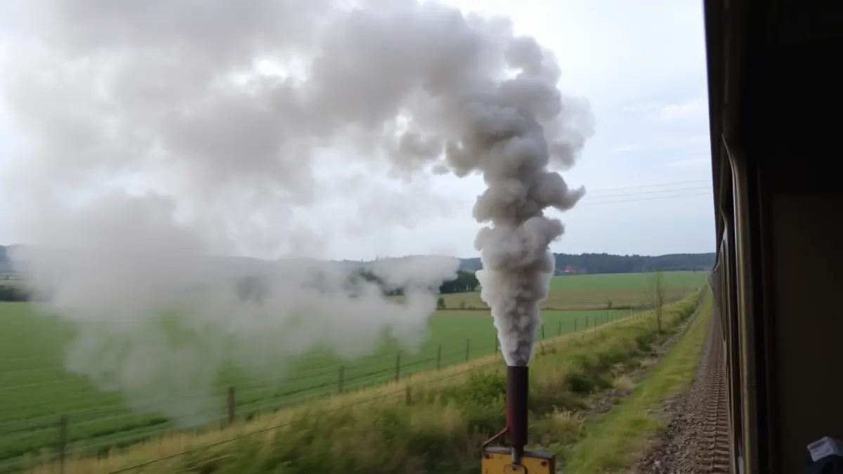 Columna de fume gris elevándose dunha cabina de tren nunha paisaxe rural galega.