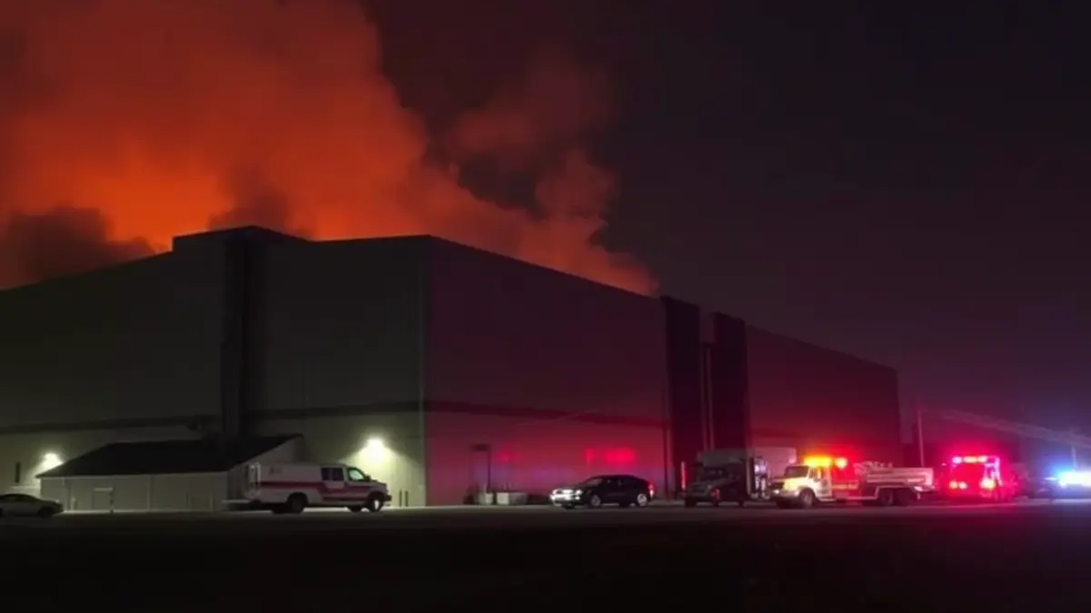 Imaxe dunha nave industrial despois dun incendio, con luces de emerxencia ao lonxe.