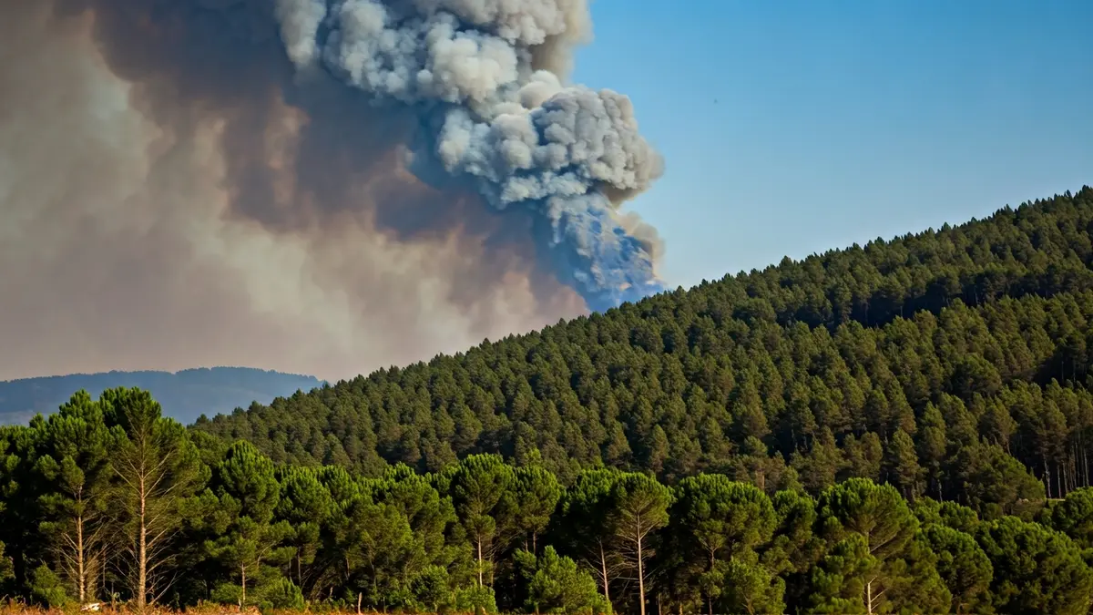 Imaxe xenérica dun incendio forestal con fume e luces de emerxencia.