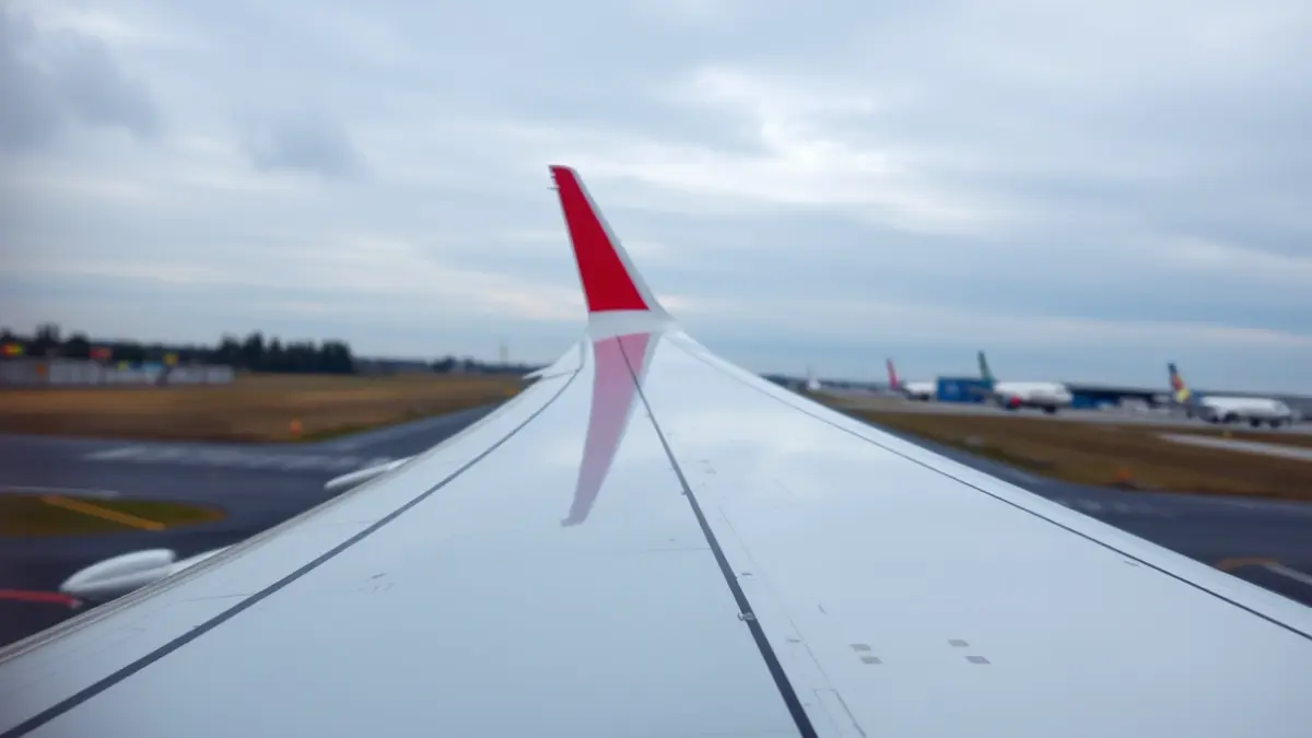 Imaxe xenérica dunha á de avión nun aeroporto.