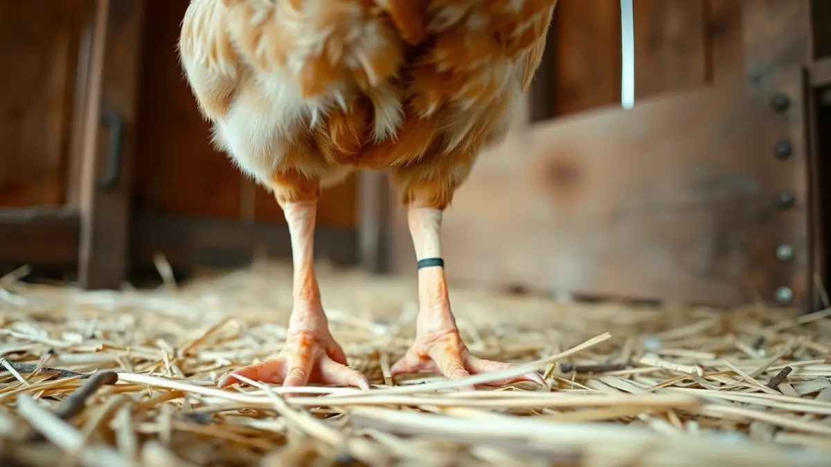 Imaxe dunha pata de galiña cunha brida, dentro dun galiñeiro.