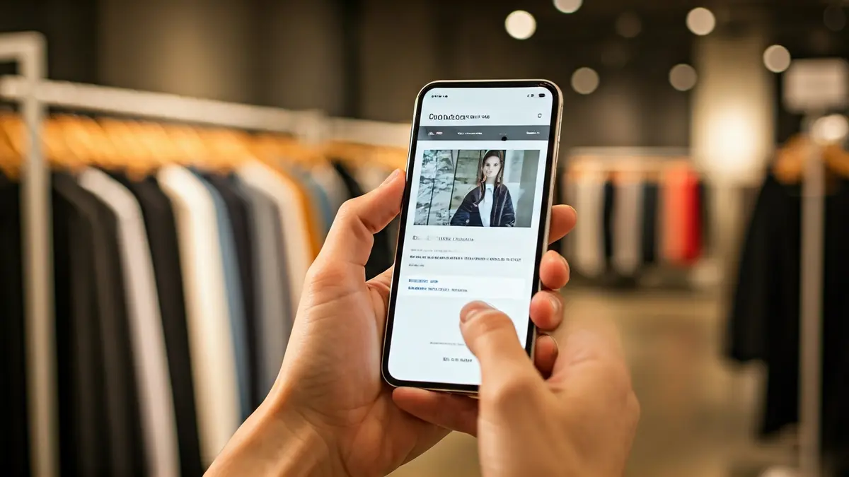 Imaxe xenérica dunha man sostendo un smartphone cunha páxina web de moda, con roupa borrosa ao fondo.