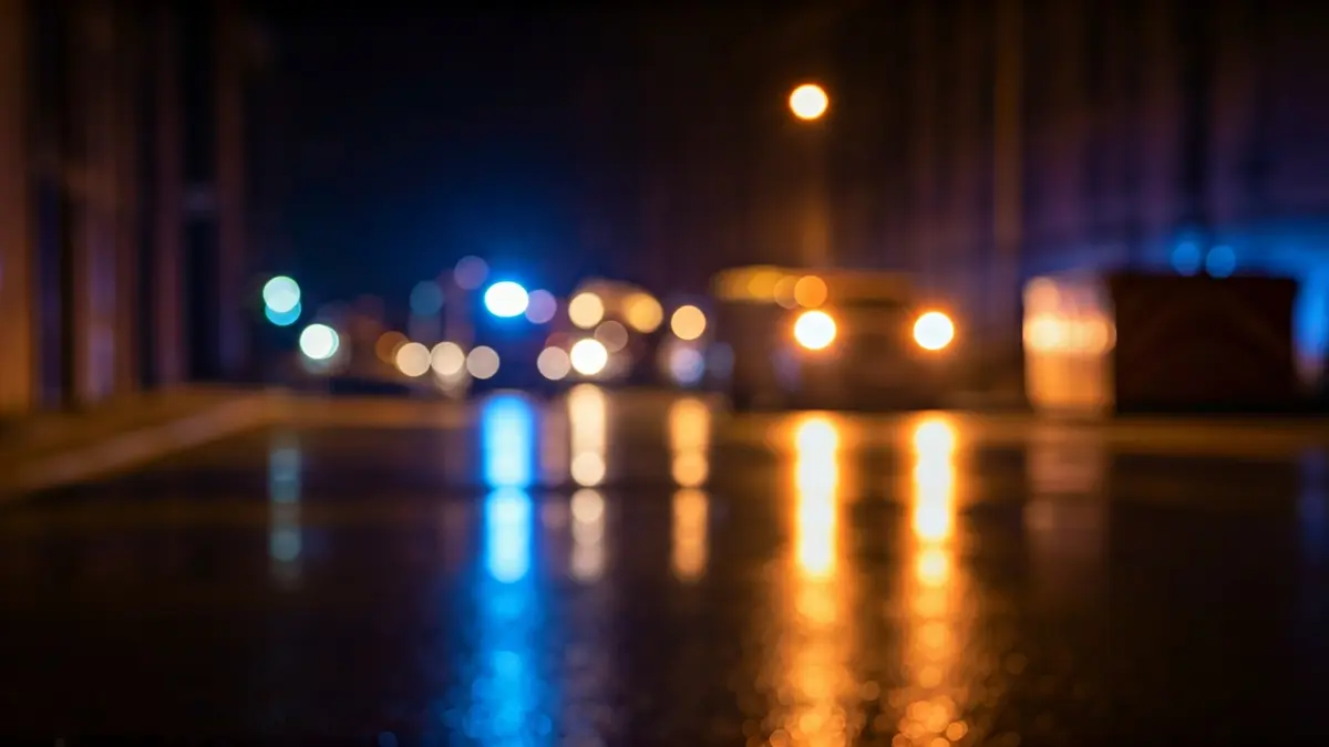 Imagen genérica de luces de emergencia reflejándose sobre asfalto mojado por la noche, con un contenedor de basura al fondo.
