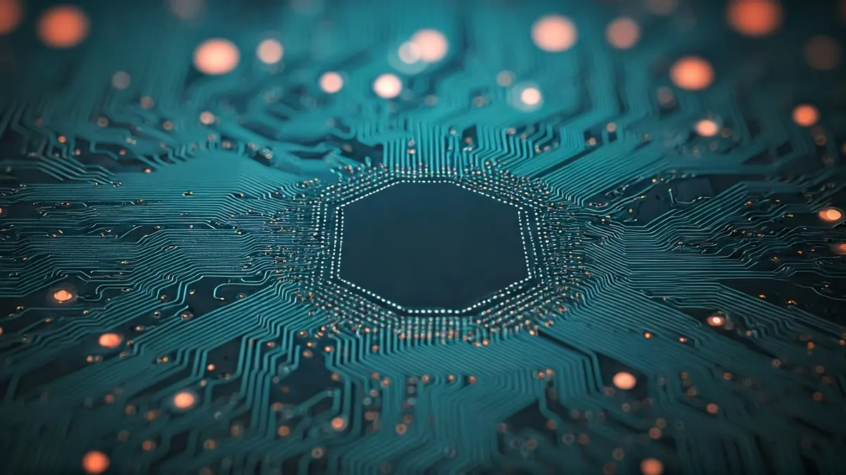 Imagen genérica de una placa de circuito con luces brillantes, representando tecnología de guerra electrónica.