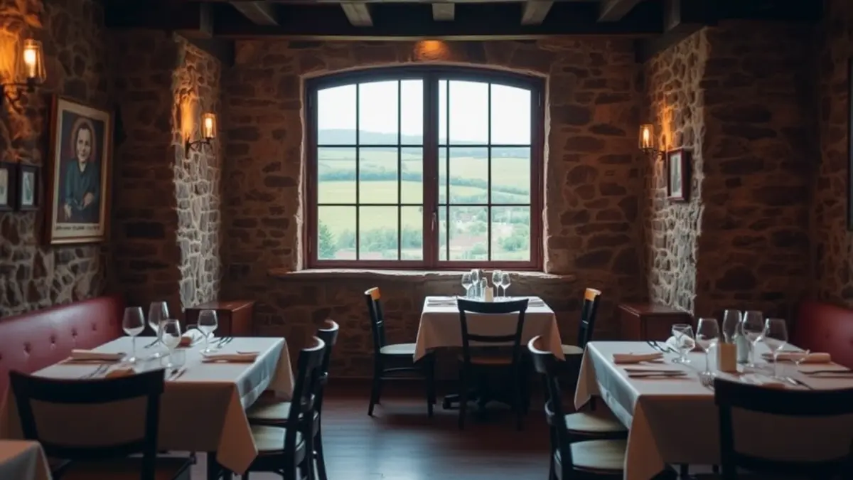 Interior dun restaurante rústico en Galicia con paredes de pedra e vigas de madeira.