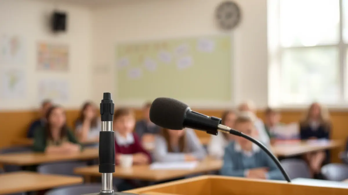 Imaxe xenérica dun micrófono nun podio nunha aula escolar, con estudantes difuminados ao fondo.