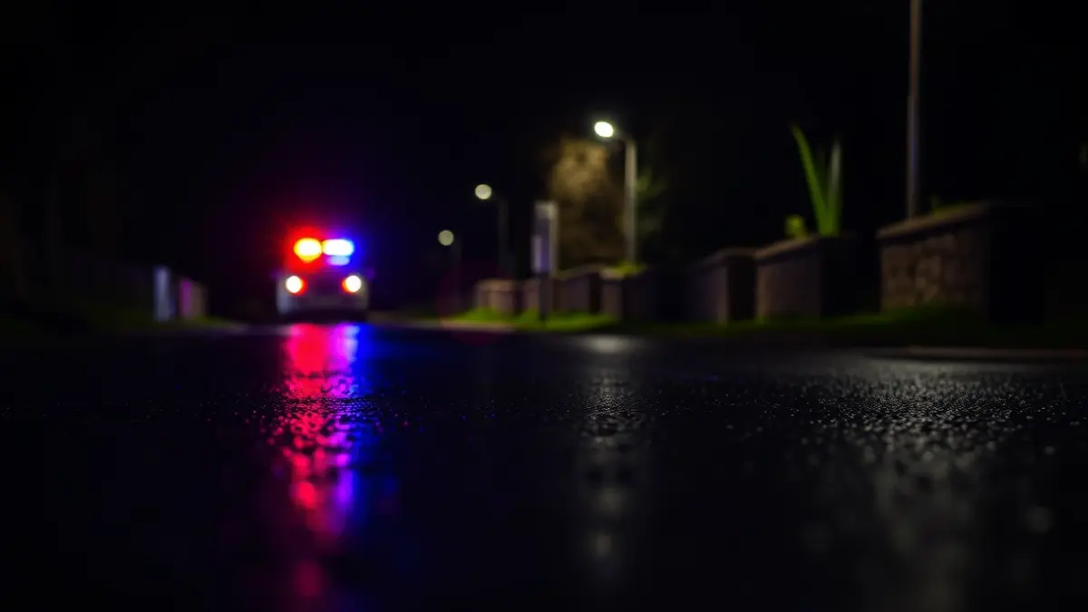 Imagen genérica de luces de emergencia reflejándose sobre asfalto mojado por la noche.