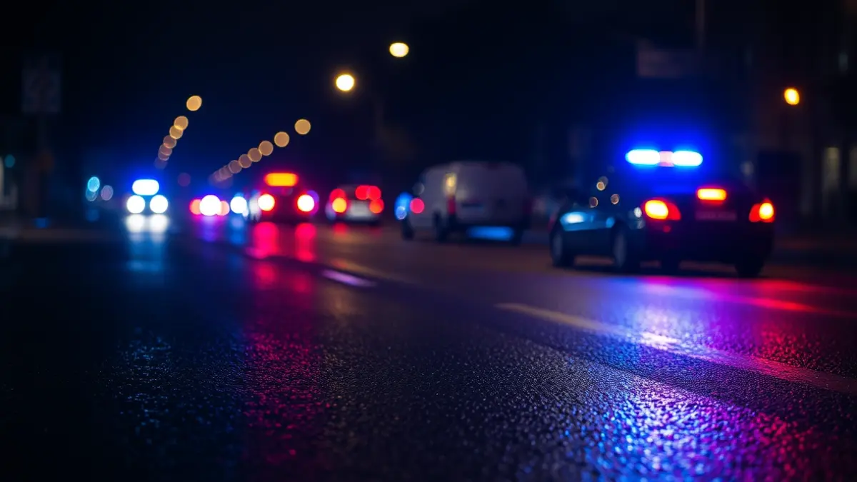 Imaxe xenérica de luces de emerxencia reflectíndose sobre asfalto mollado pola noite.