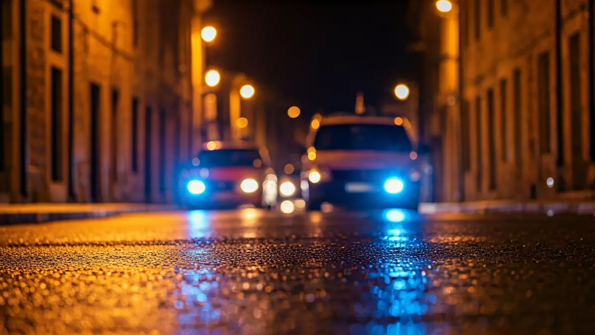 Imagen genérica de luces de emergencia reflejándose en el asfalto mojado por la noche.