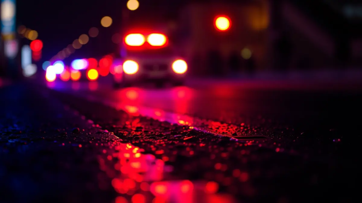 Imagen genérica de luces de emergencia reflejándose sobre asfalto mojado.