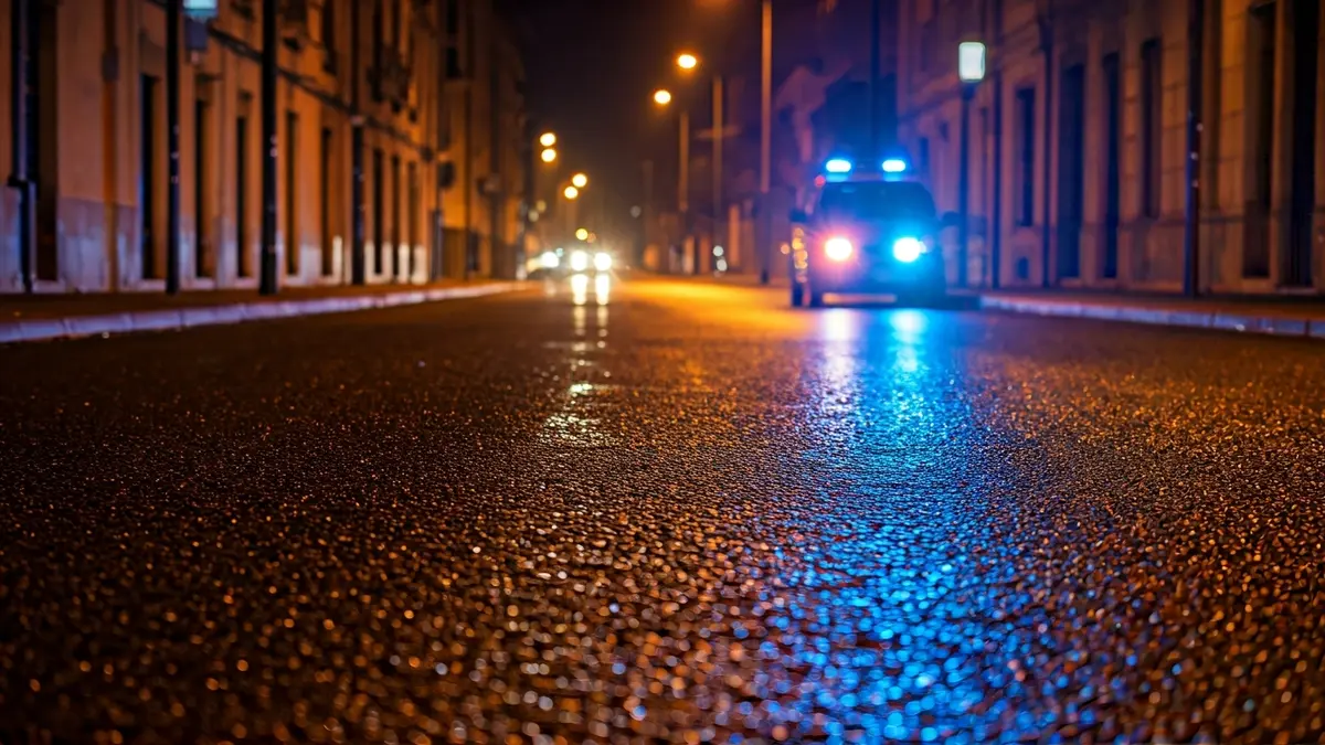 Imaxe xenérica de luces de emerxencia reflectíndose sobre asfalto mollado.