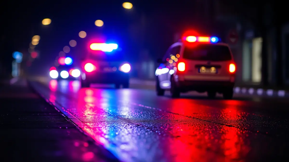 Imagen genérica de luces de emergencia reflejándose sobre asfalto mojado por la noche.