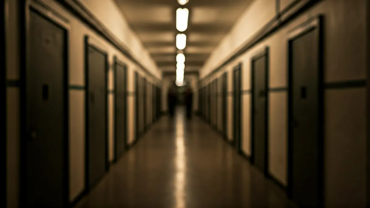 Imaxe xenérica dun corredor de prisión, con luz fluorescente e unha cela pechada ao fondo.