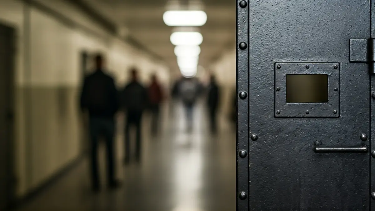 Imaxe xenérica dunha porta de cela de prisión, con luz tenue e un corredor borroso ao fondo.