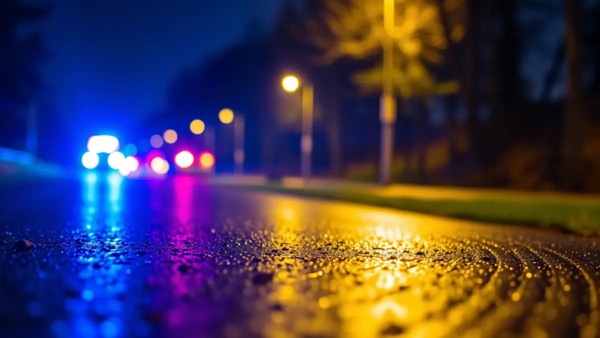 Imagen genérica de luces de emergencia reflejándose sobre asfalto mojado por la noche.