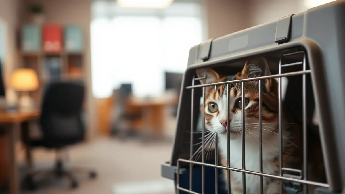 Imaxe dun transportín de gato nunha oficina.