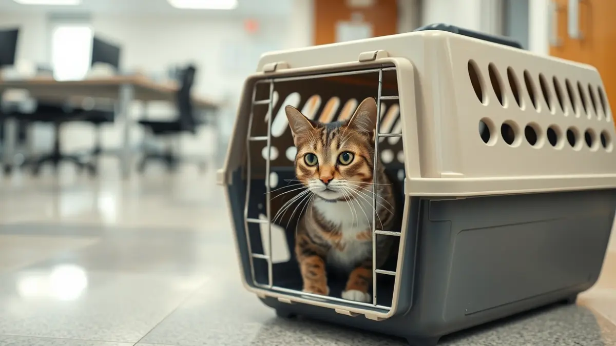 Imaxe dun transportín cun gato no interior, nunha oficina municipal.