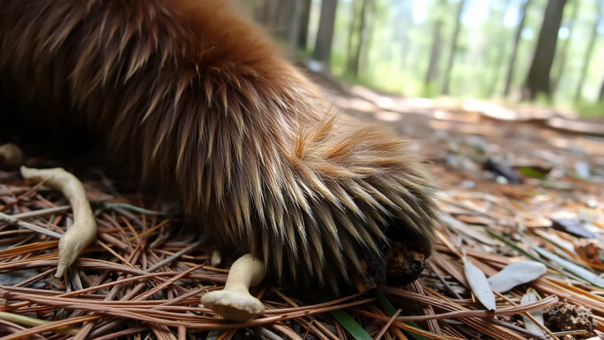 Restos de pelaxe e ósos dun animal no chan dun piñeiral.